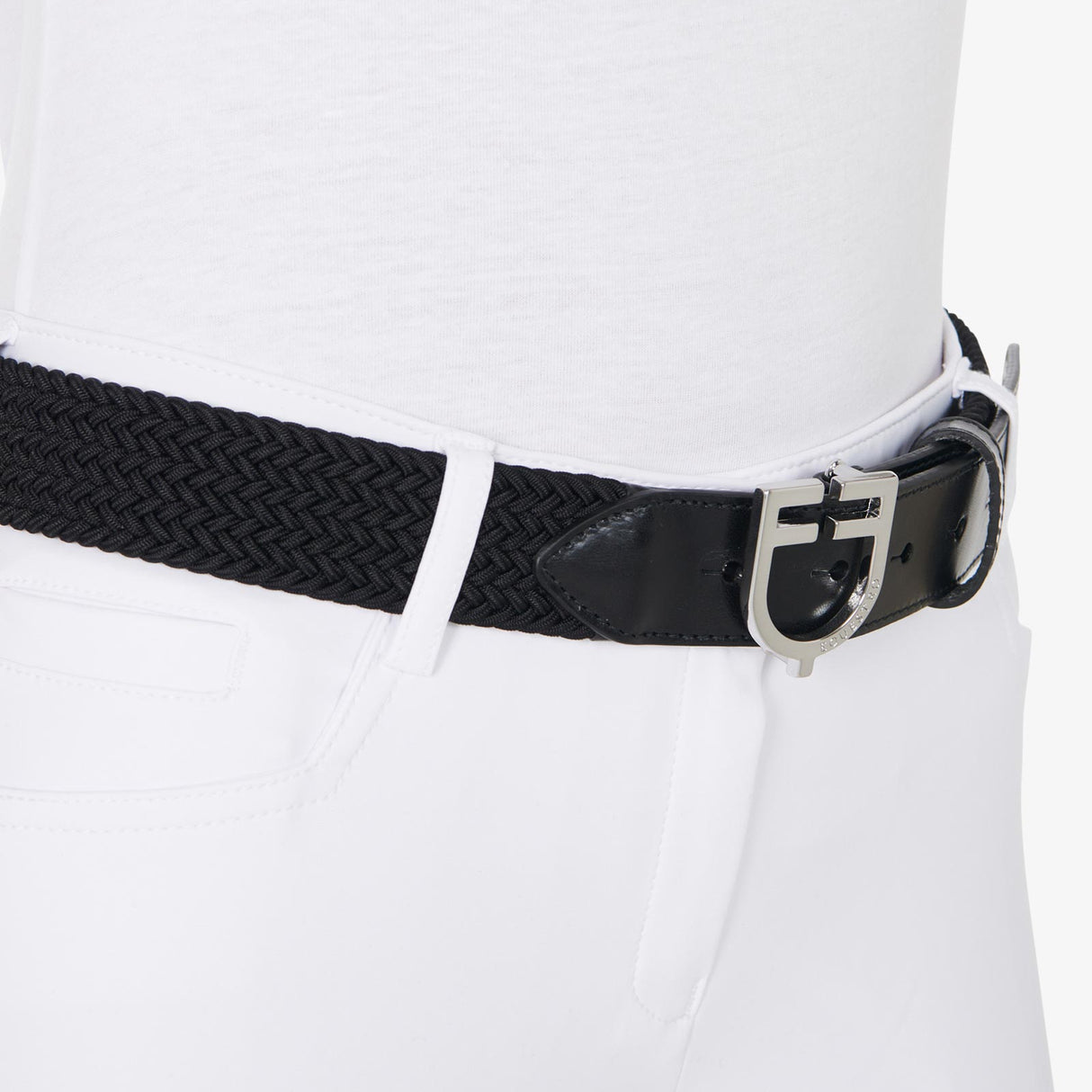 Equestro Leather Elastic Belt With Logoed Buckle #colour_black-silver