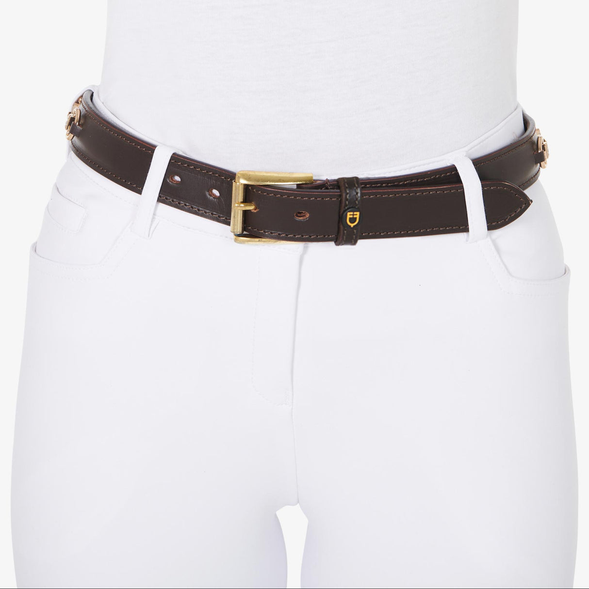 Equestro Leather Belt With Snaffle Bits And Rhinestones #colour_brown-gold