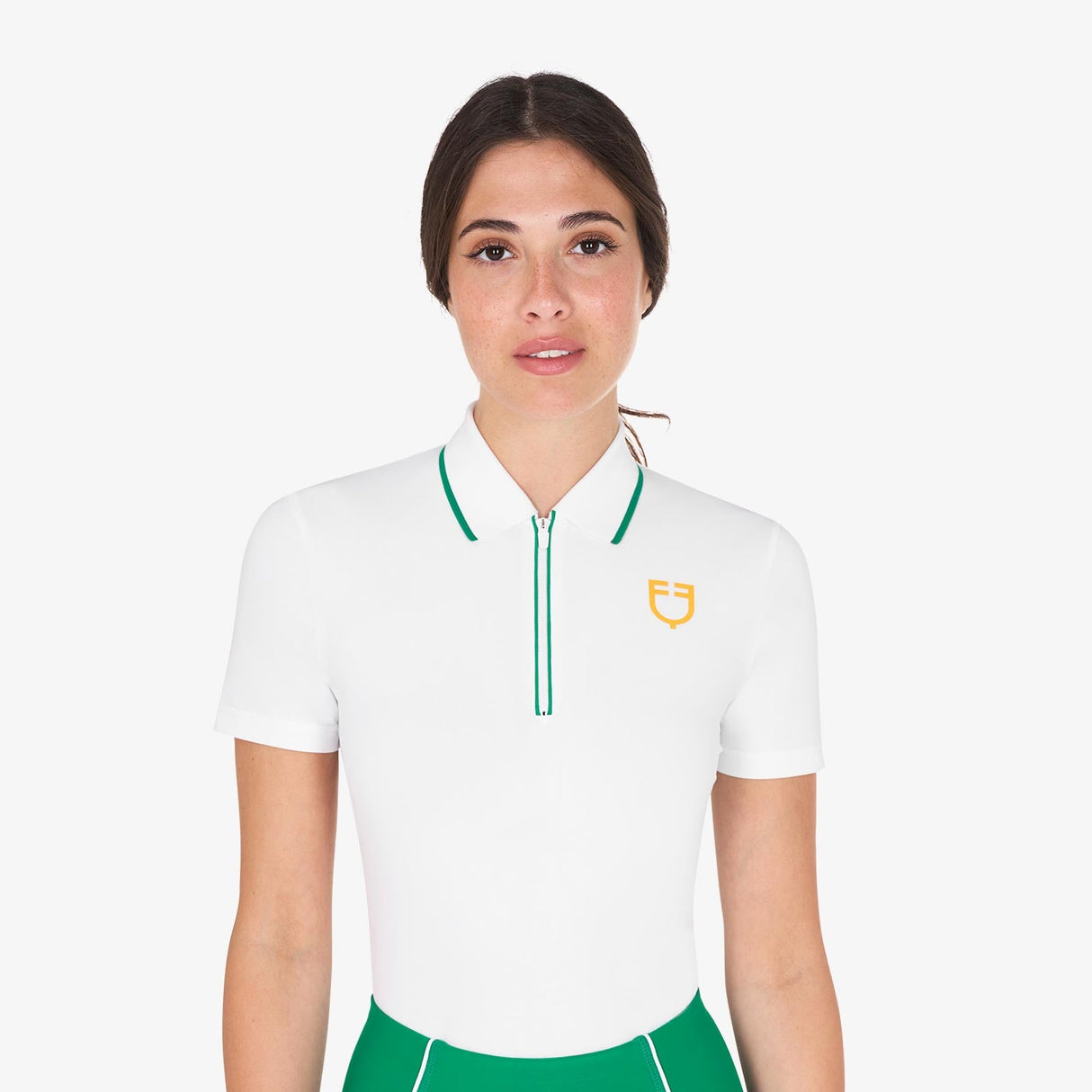 Equestro Women's Slim Fit Training Polo Shirt With Zip And Chest Logo #colour_green-white
