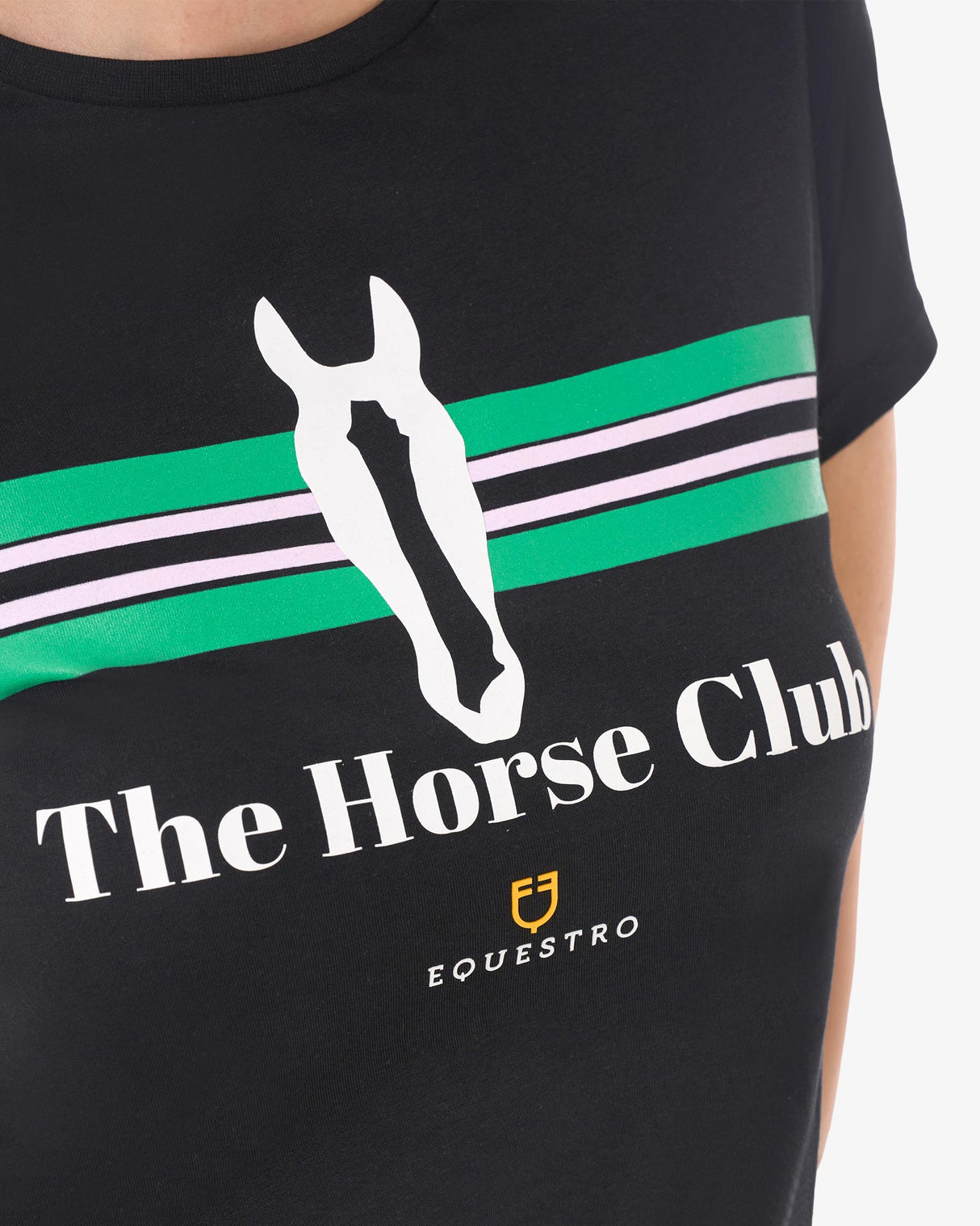 Equestro Women's Stripe Horse Club Cotton T-Shirt #colour_black