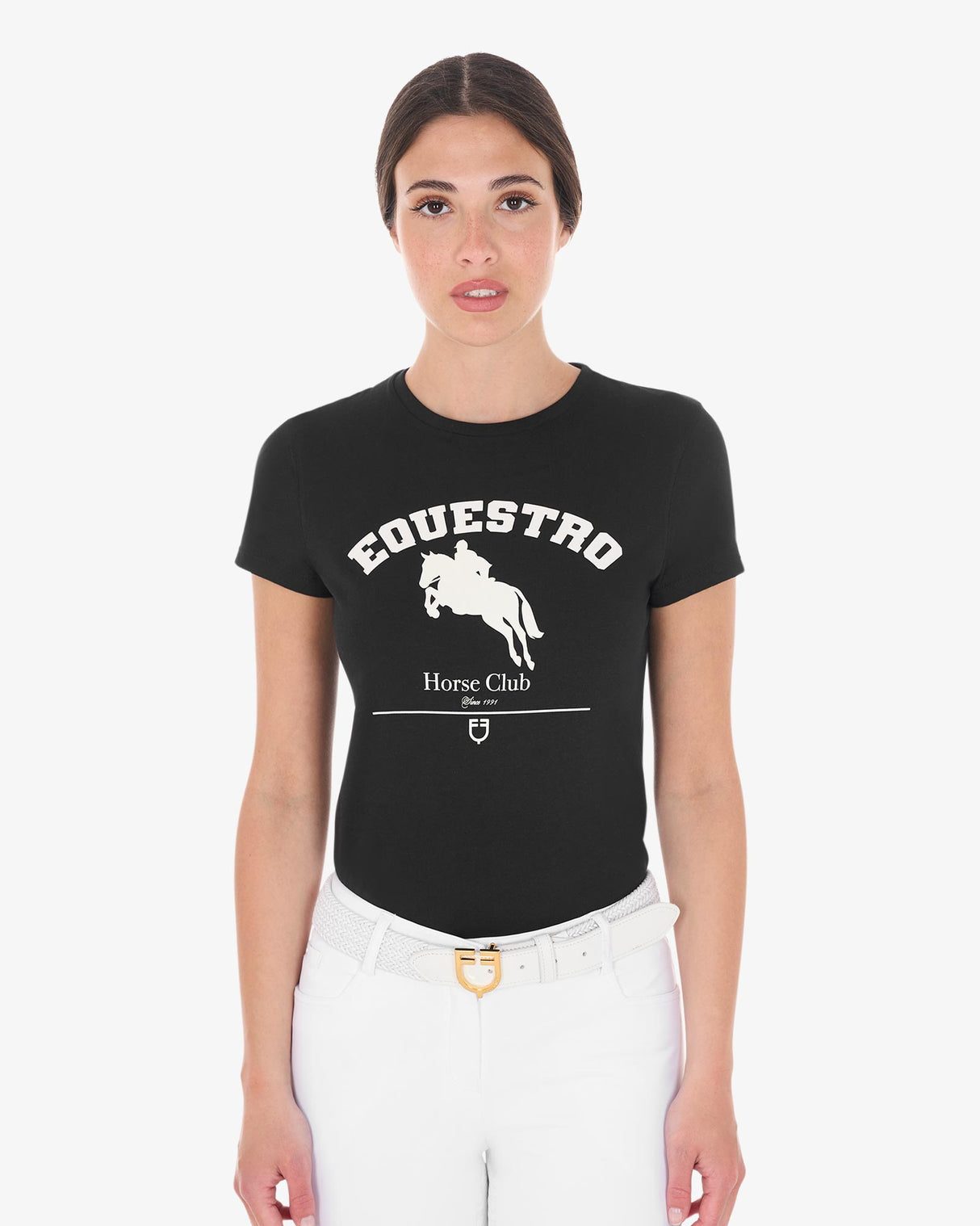 Equestro Women's Cotton Jumping Horse Club T-Shirt #colour_black