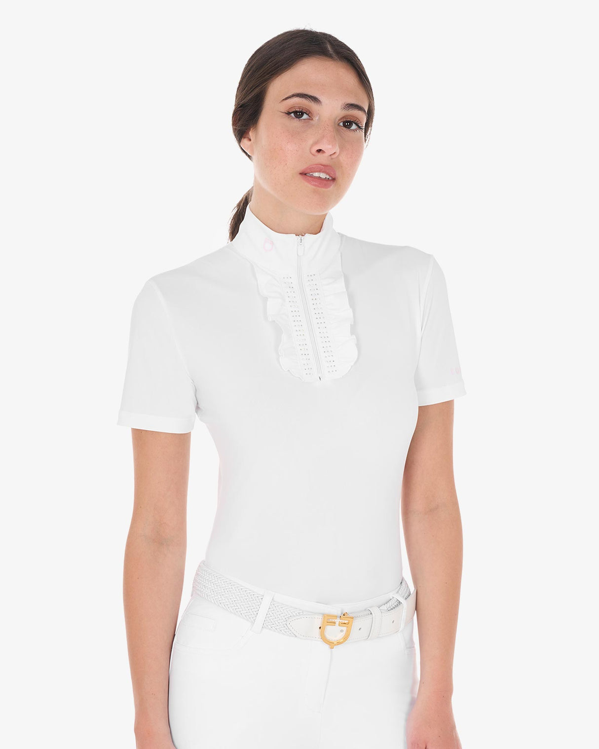 Equestro Women's Slim Fit Competition Polo Shirt With Ruffles And Rhinestones #colour_white-pink