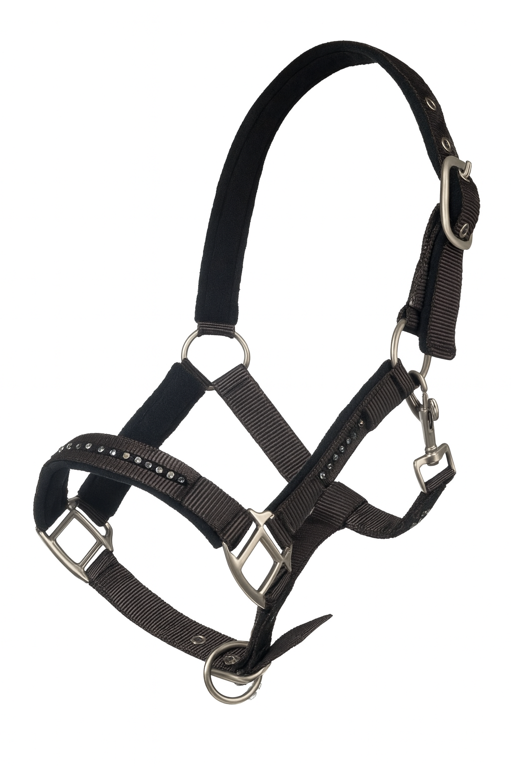 HKM Head Collar Set With Snap Hook -Crystal- Soft Padded #colour_deep-brown-black