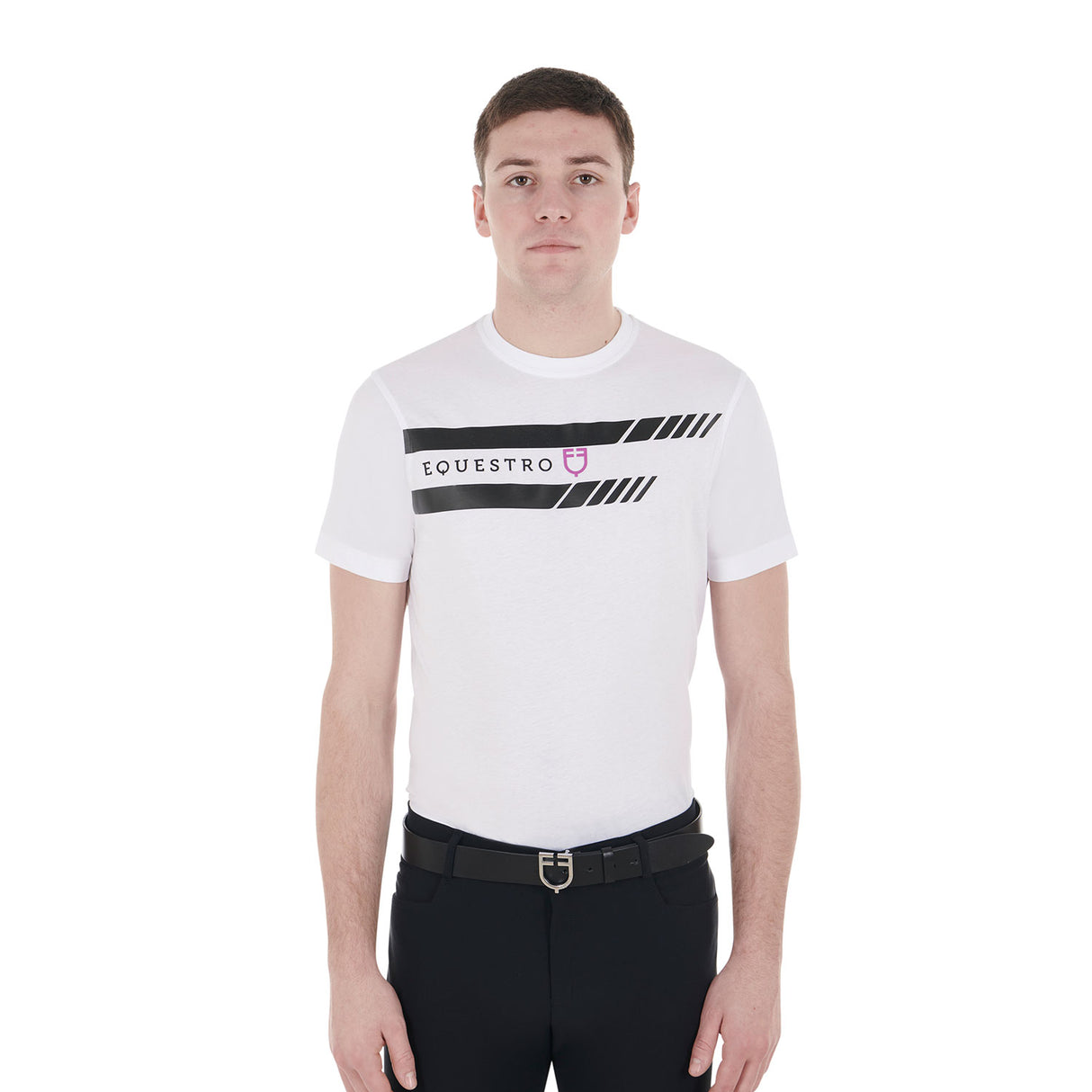 Equestro Men's Slim Fit T-Shirt With Purple Logo And Black Details #colour_white