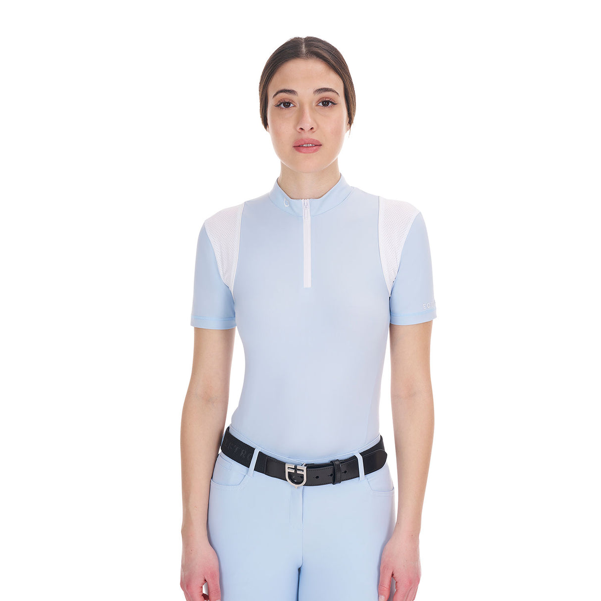 Equestro Women's Slim Fit Training Polo Shirt with Mesh Inserts #colour_blue