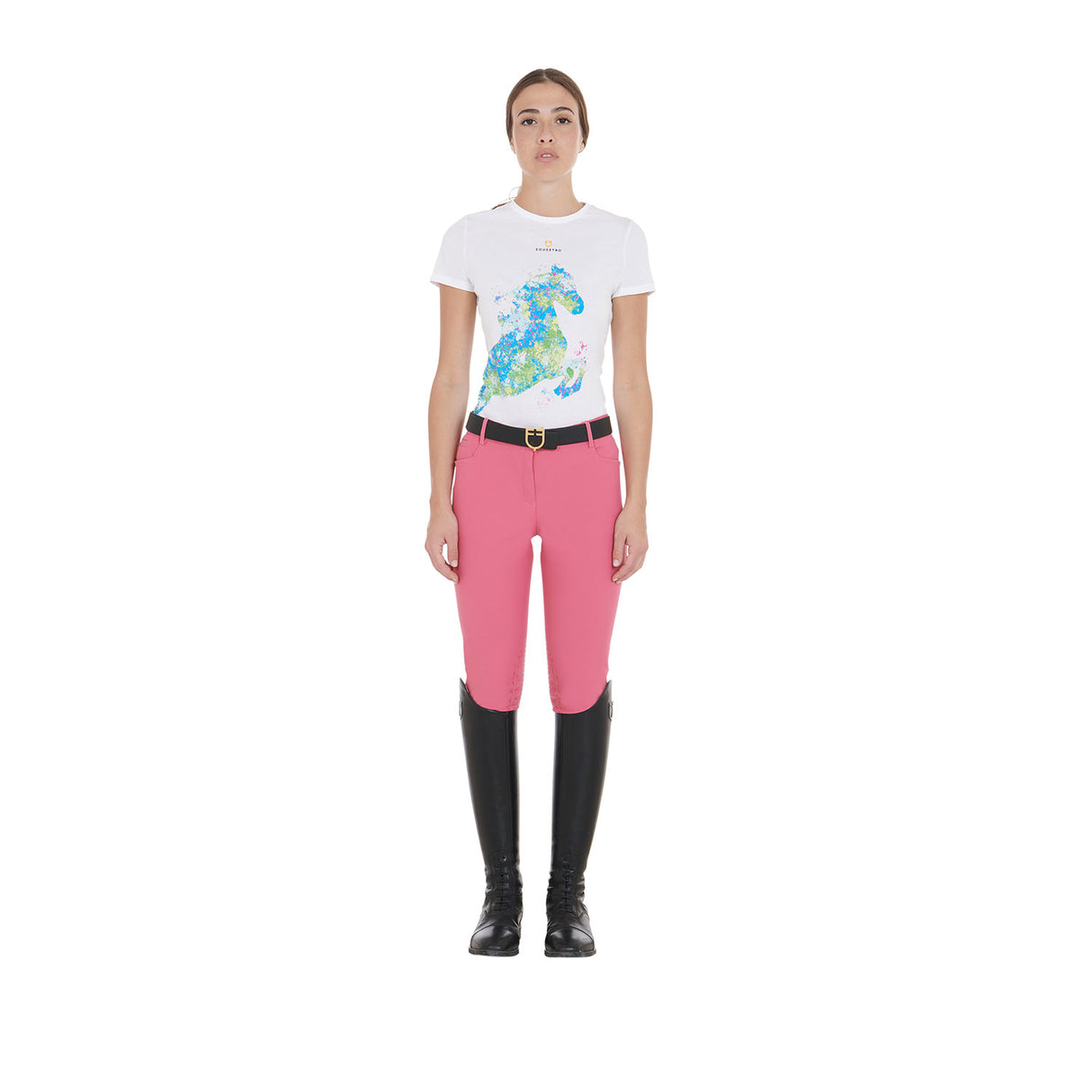Equestro Women's Slim Fit T-Shirt With Abstract Horse Print #colour_white
