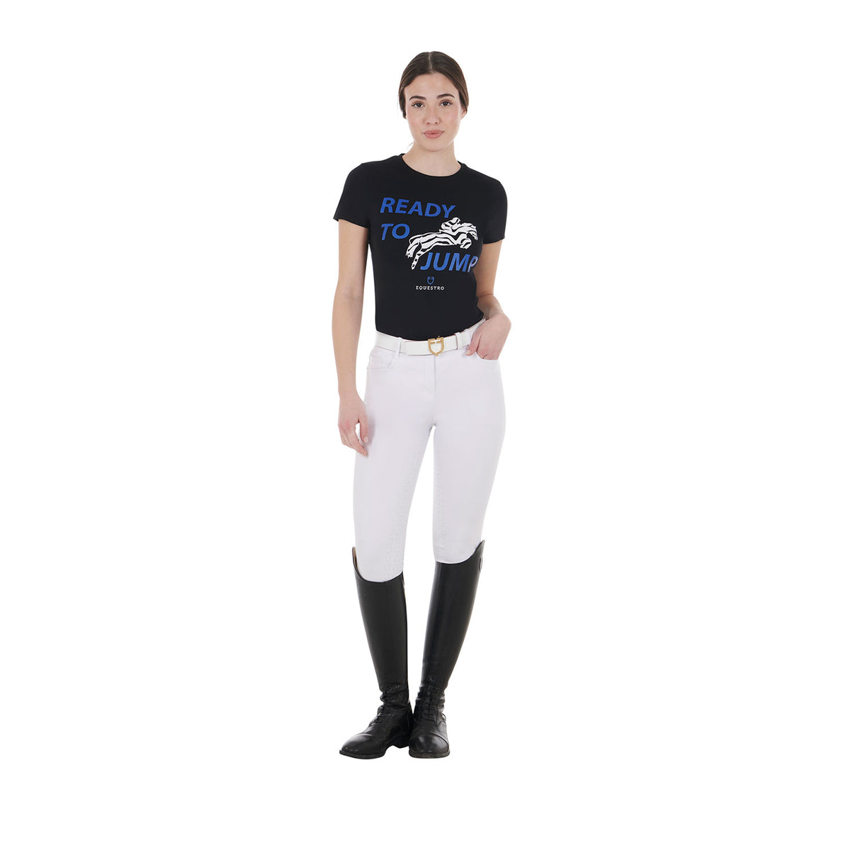 Equestro Women's Slim Fit Cotton T-Shirt Ready To Jump Print #colour_black