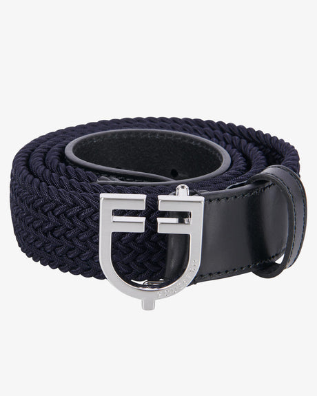 Equestro Leather Elastic Belt With Logoed Buckle #colour_blue-silver