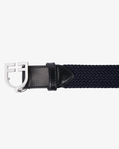 Equestro Leather Elastic Belt With Logoed Buckle #colour_blue-silver