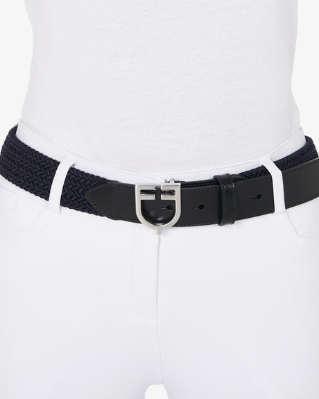 Equestro Leather Elastic Belt With Logoed Buckle #colour_blue-silver