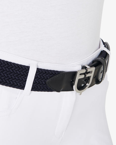 Equestro Leather Elastic Belt With Logoed Buckle #colour_blue-silver