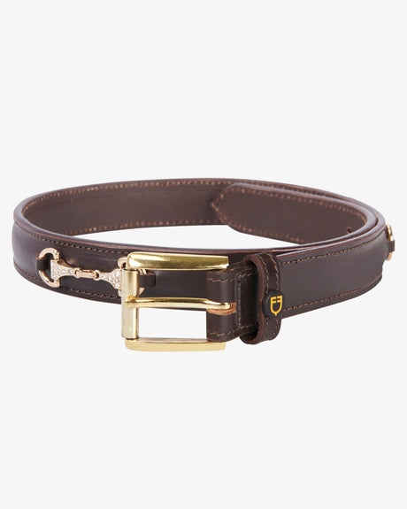Equestro Leather Belt With Snaffle Bits And Rhinestones #colour_brown-gold