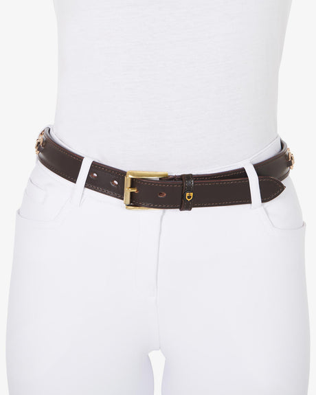 Equestro Leather Belt With Snaffle Bits And Rhinestones #colour_brown-gold