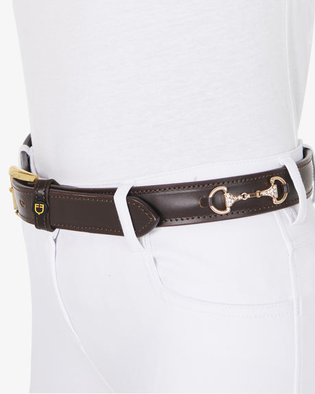 Equestro Leather Belt With Snaffle Bits And Rhinestones #colour_brown-gold