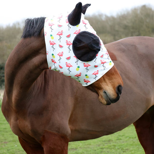 Hy Equestrian Lycra Flamingo Print Fly Mask #colour_white-pink