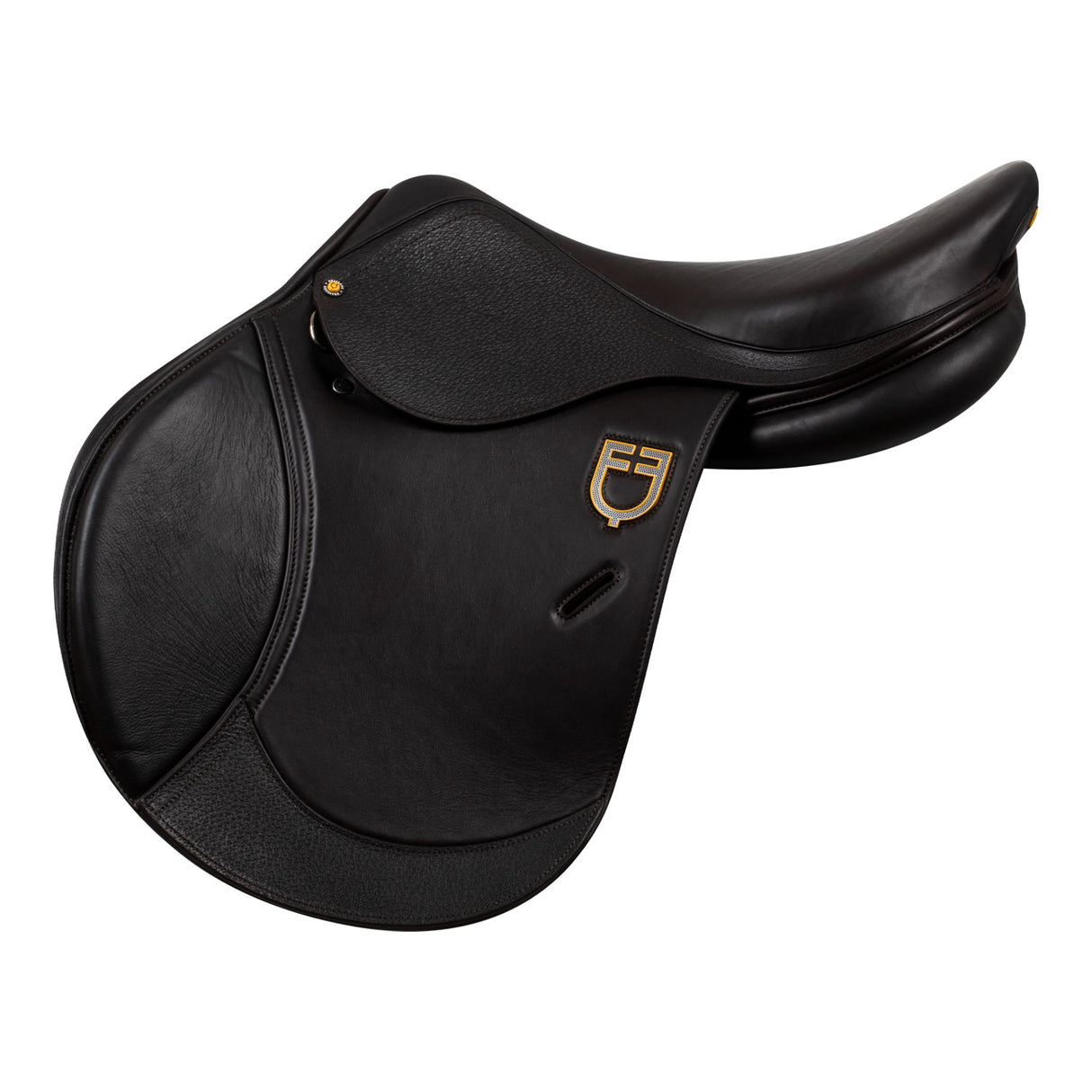 Equestro Earth Jumping Saddle In Double Leather With Embossed Logo #colour_brown