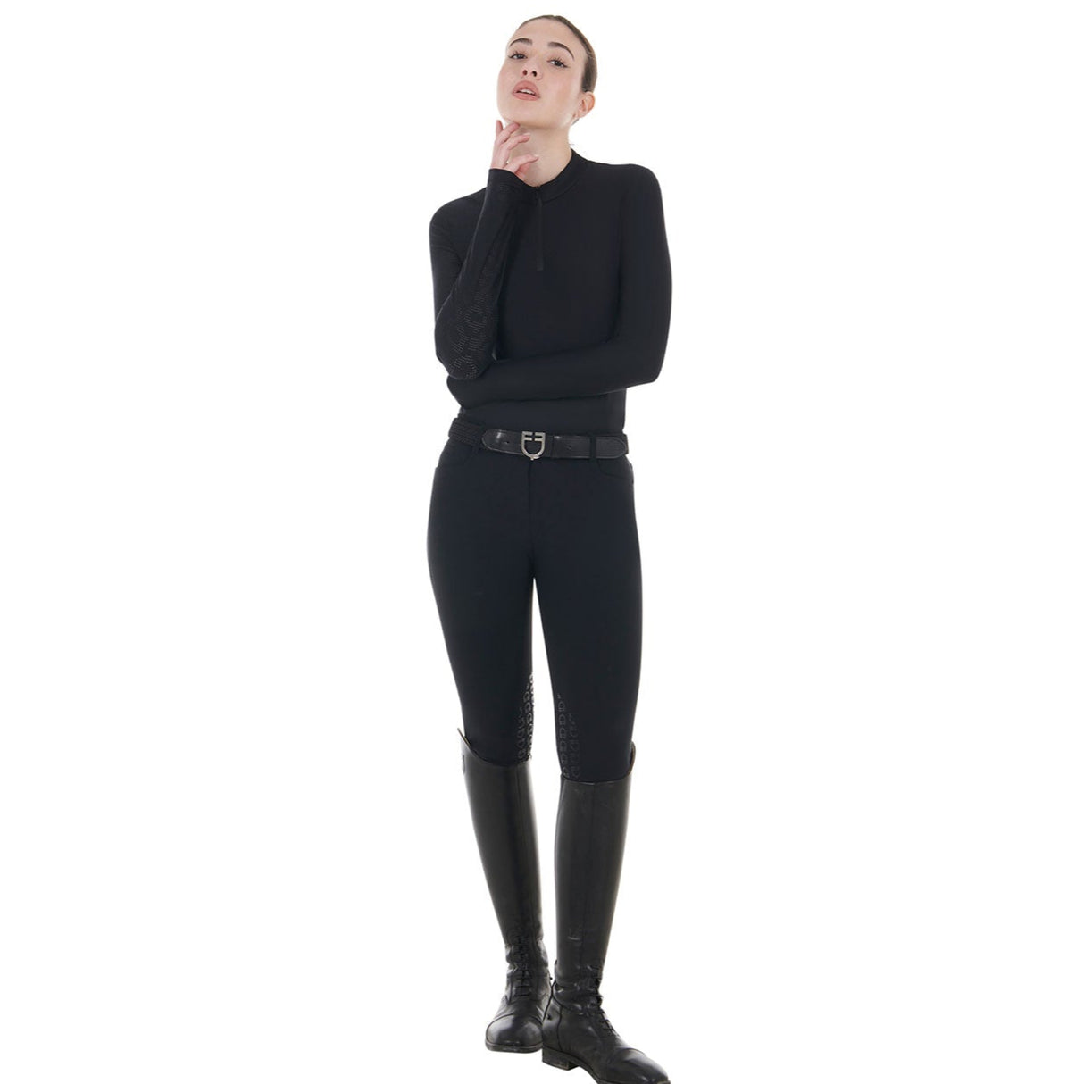 Equestro Women's Training Polo Shirt in Stretch Technical Fabric #colour_black